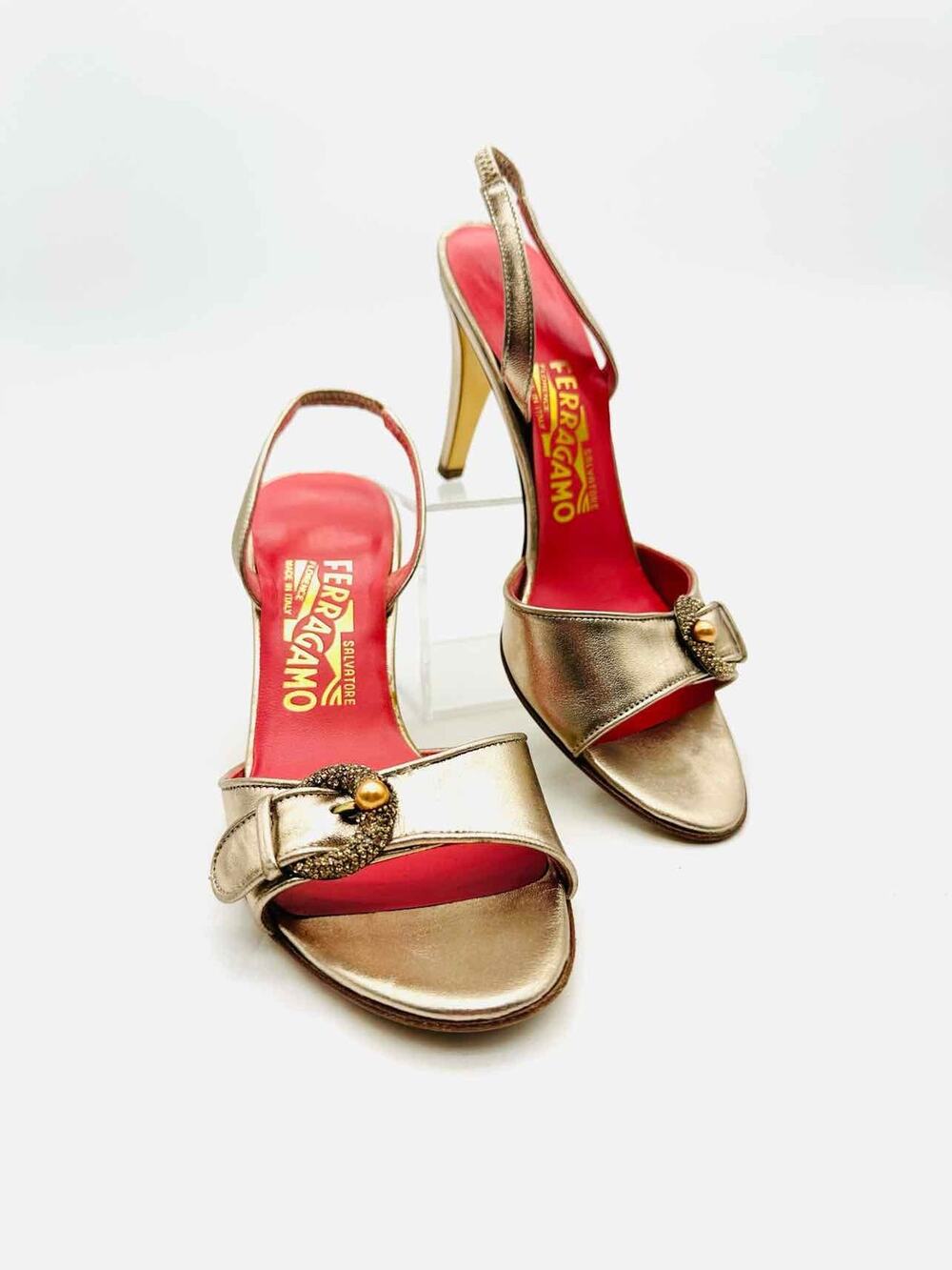 Salvatore Ferragamo Size 5.5 Gold Buckle(s) Rhinestones Designer Slingbacks